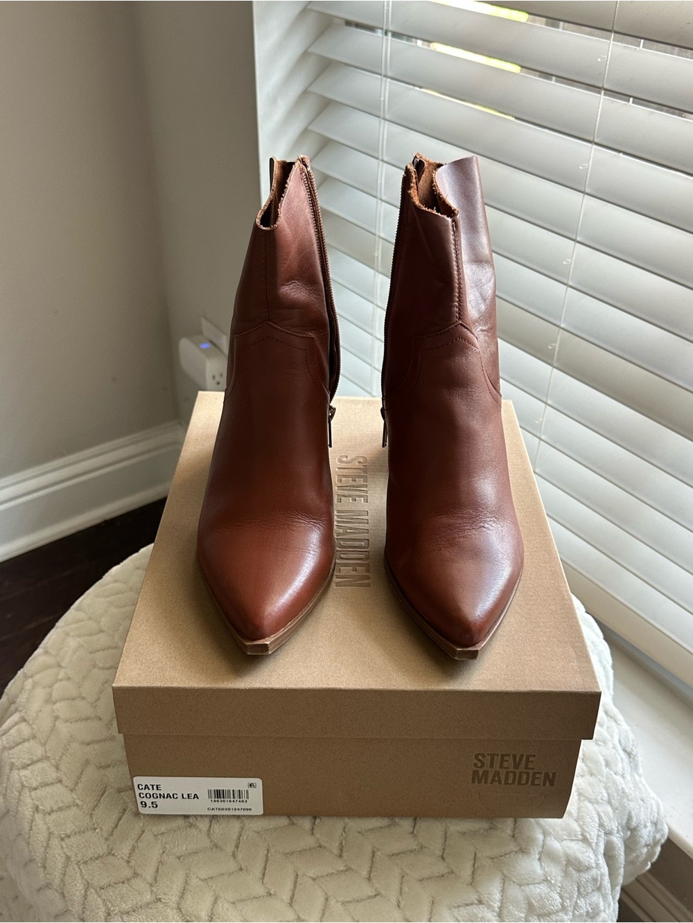 Steve Madden Cognac Pointed-Toe Leather Ankle Booties- Cate